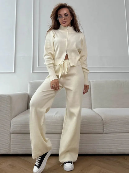 Knit Zip-Up Pants Set for Women, Casual Slim Fit Outfit