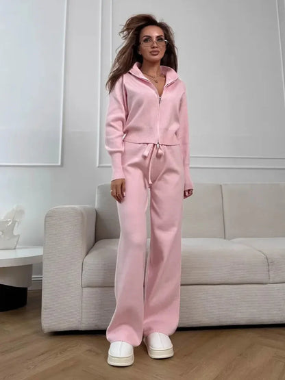 Knit Zip-Up Pants Set for Women, Casual Slim Fit Outfit