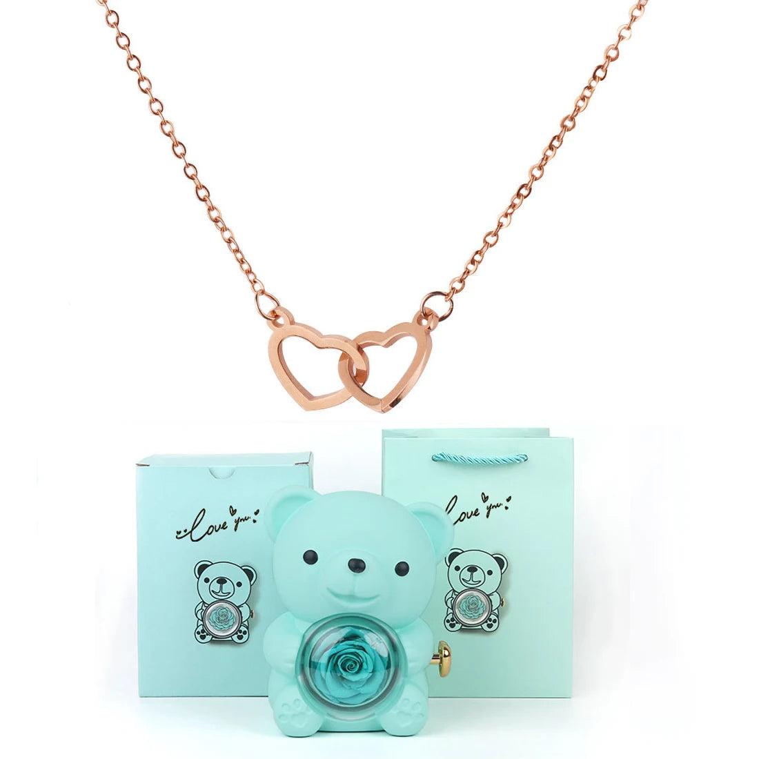 Double Heart Necklace with Bear Gift Box