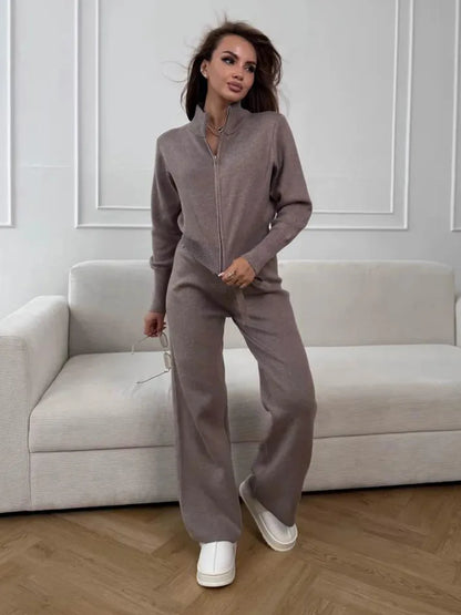 Knit Zip-Up Pants Set for Women, Casual Slim Fit Outfit