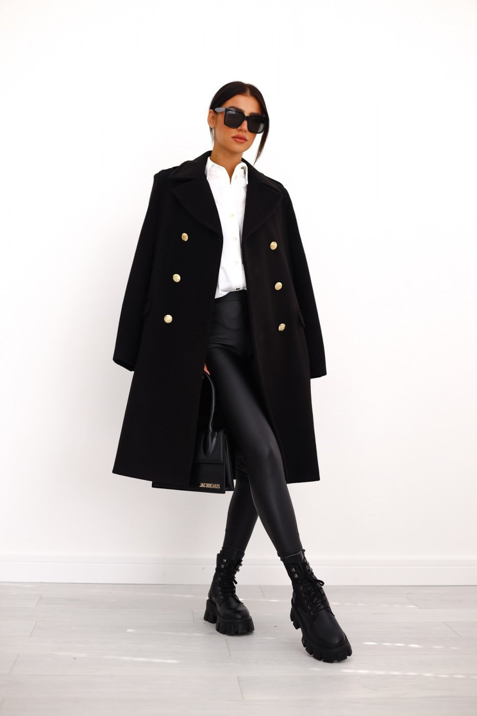 Women's Long Double Breasted Overcoat with Notch Lapel and Button Detail