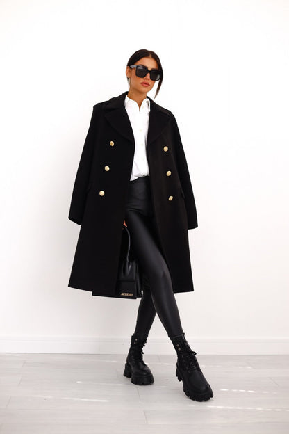 Women's Long Double Breasted Overcoat with Notch Lapel and Button Detail