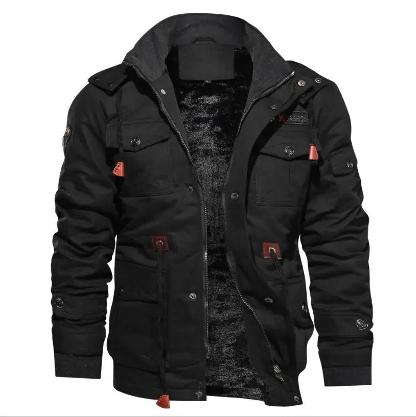 Men's Hooded Military-Style Jacket with Multi-Pocket Design
