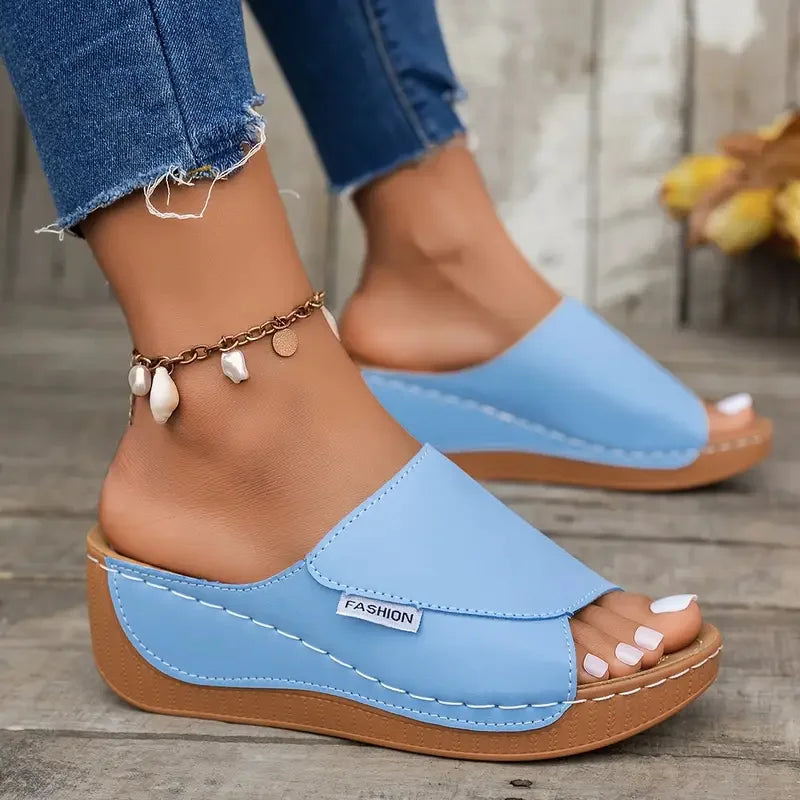 Wedge Sandals with Open Toe and Buckle Strap