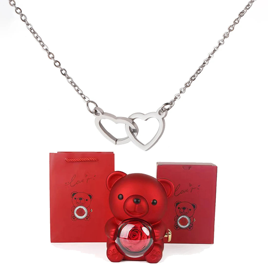 Double Heart Necklace with Bear Gift Box