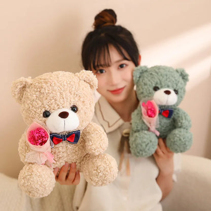 Kawaii Teddy Bear Plush with Bouquet - Romantic Gift