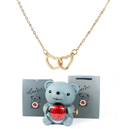 Double Heart Necklace with Bear Gift Box