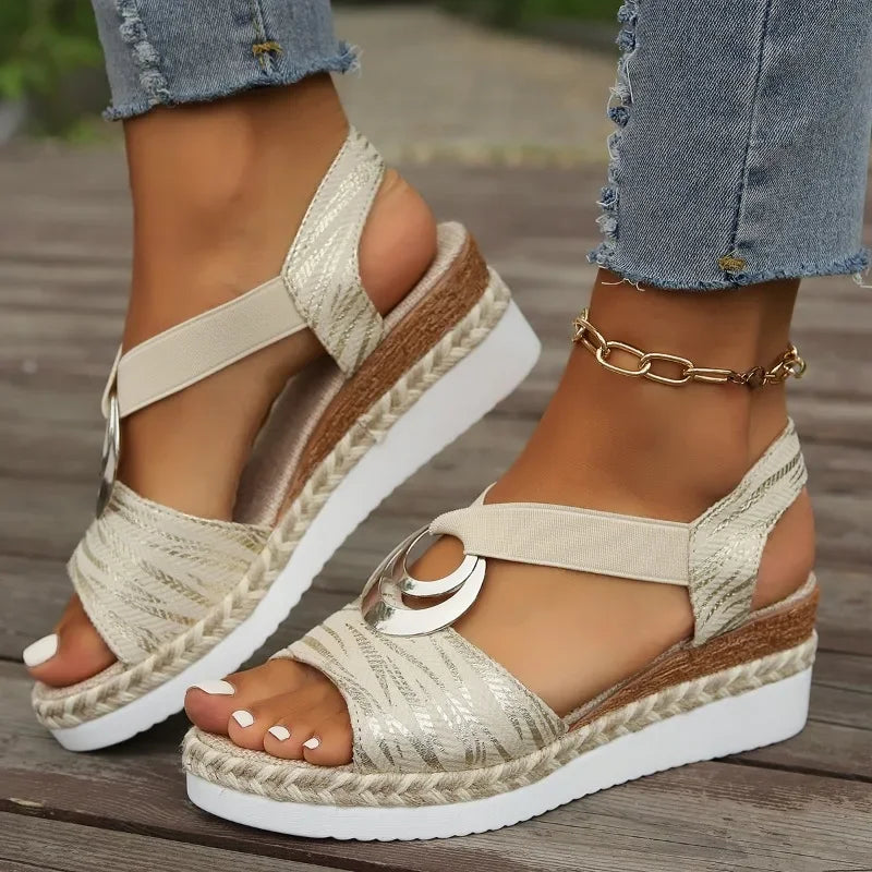 Women's Platform Sandals with Criss-Cross Straps and Ring Detail