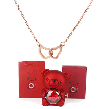 Double Heart Necklace with Bear Gift Box