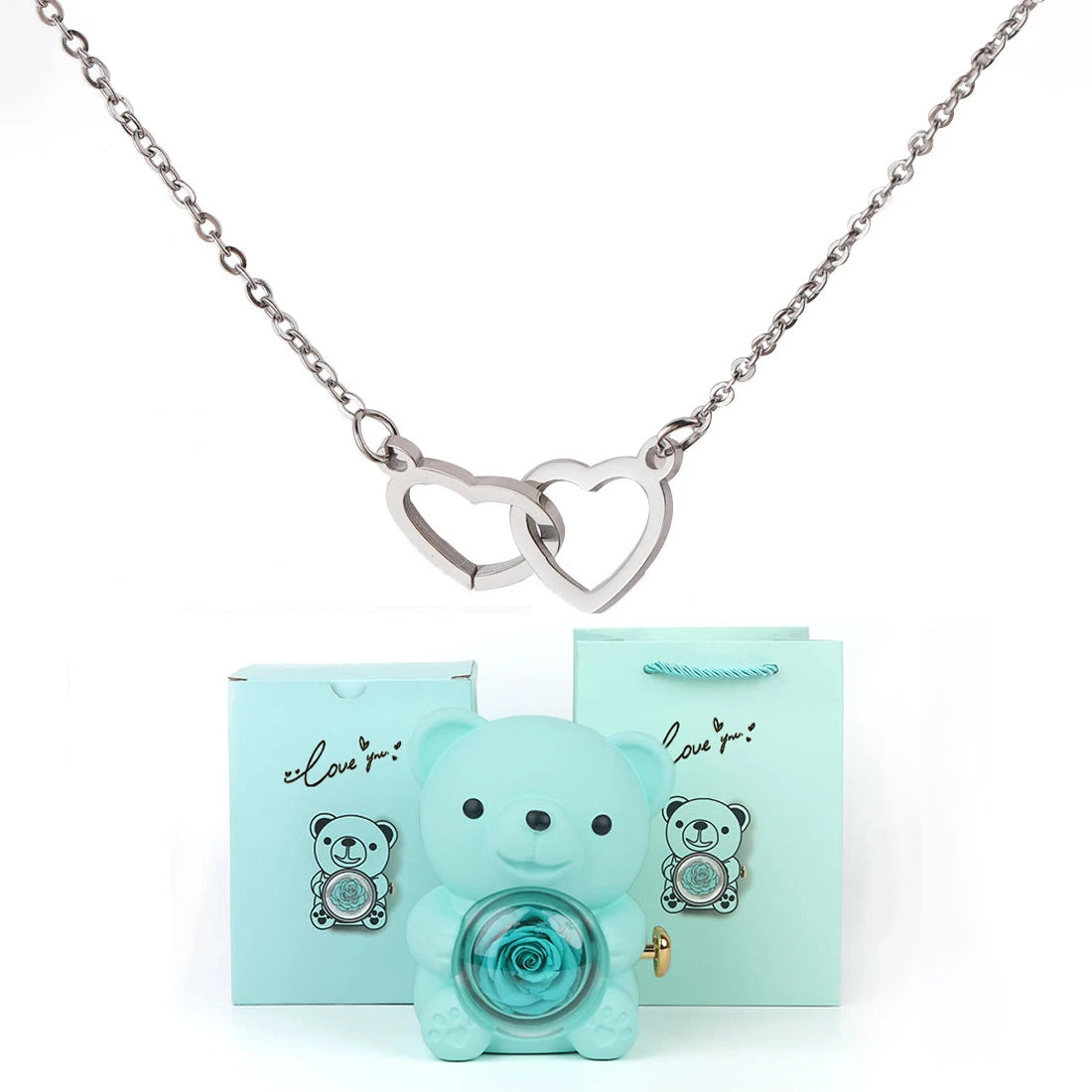 Double Heart Necklace with Bear Gift Box