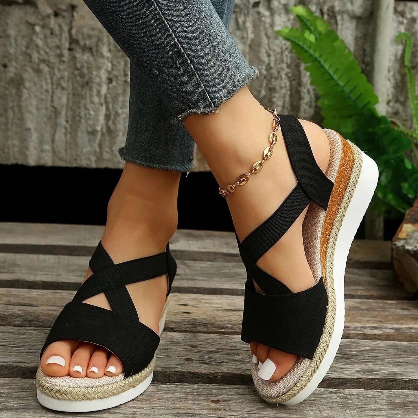 Women's Wedge Sandals with Elastic Strap and Open Toe