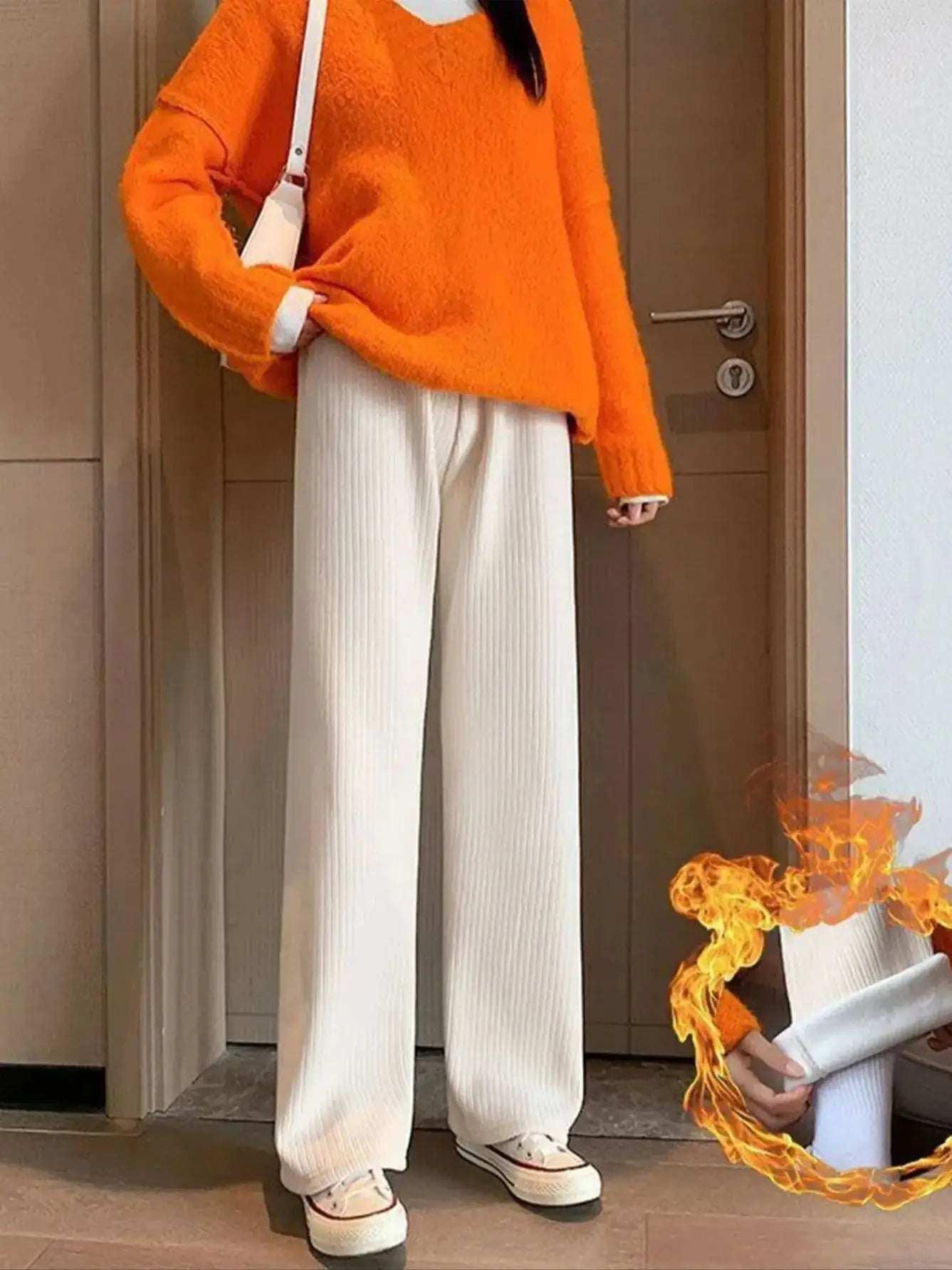 Women's Fleece Lined Wide Leg Winter Pants, Casual High Waist