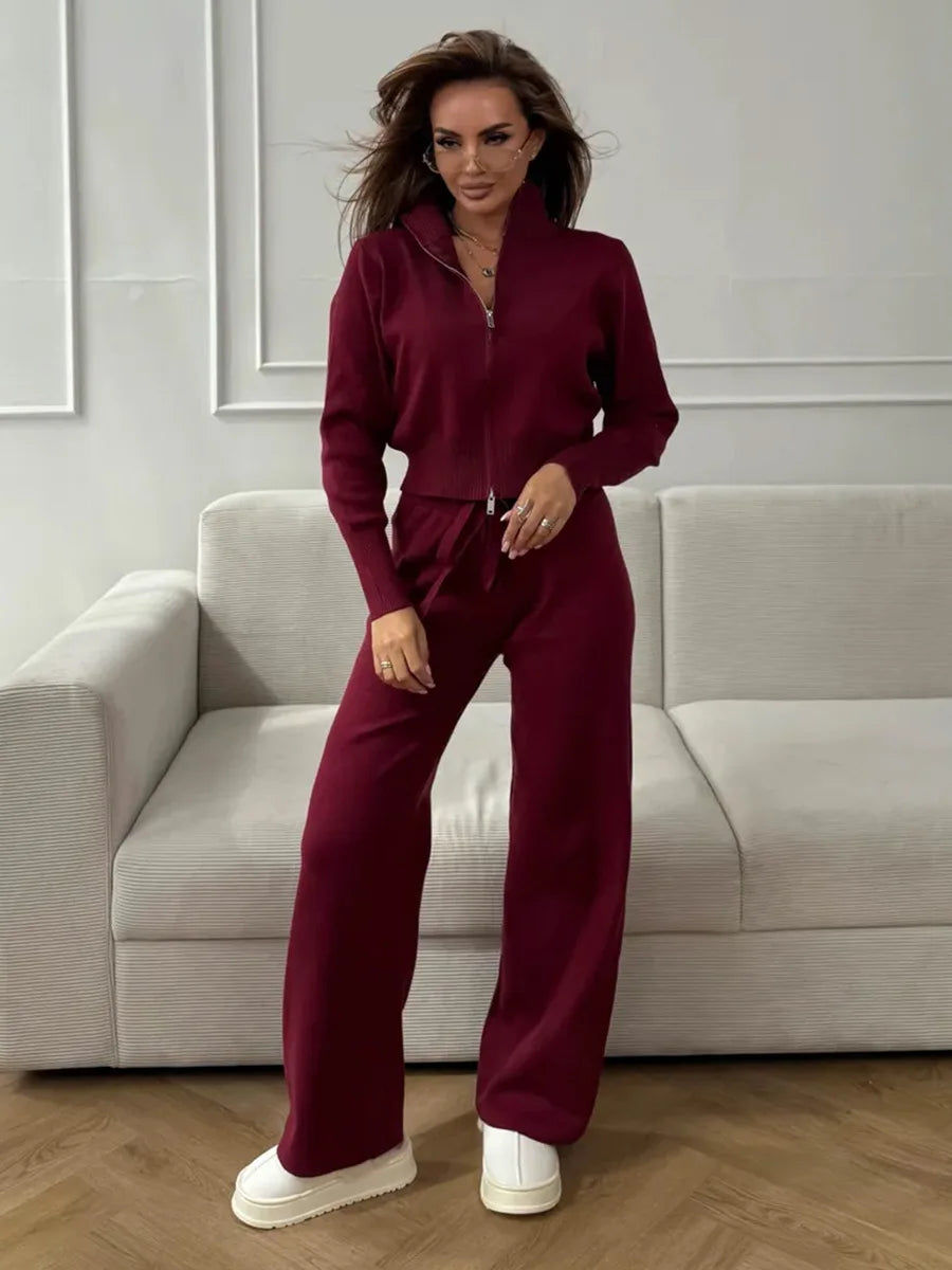 Knit Zip-Up Pants Set for Women, Casual Slim Fit Outfit