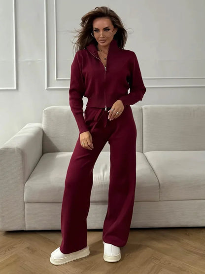 Knit Zip-Up Pants Set for Women, Casual Slim Fit Outfit
