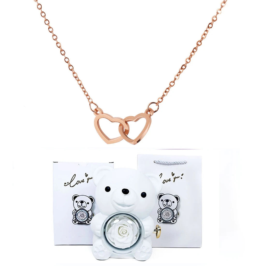 Double Heart Necklace with Bear Gift Box