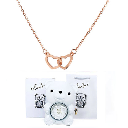Double Heart Necklace with Bear Gift Box