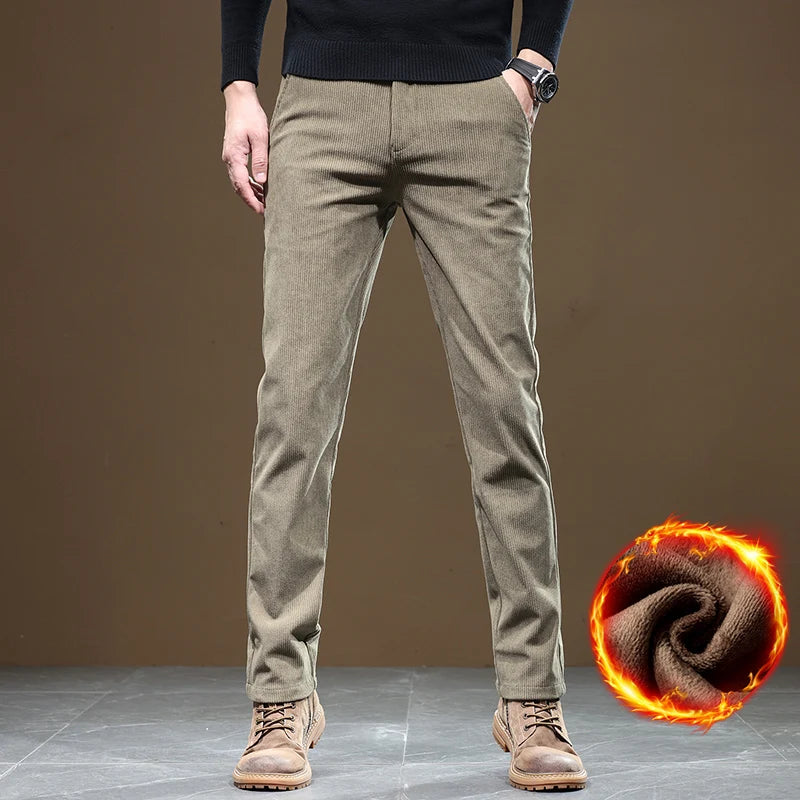 Winter Fleece Lined Slim Fit Corduroy Pants for Men