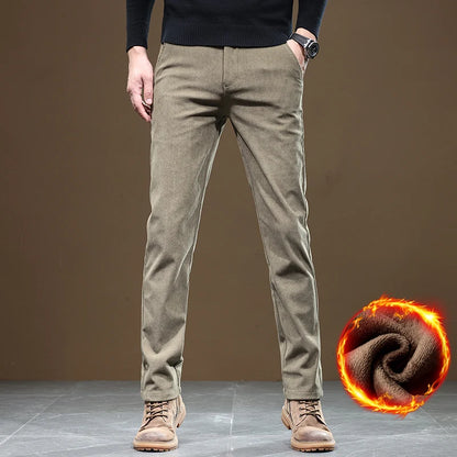 Winter Fleece Lined Slim Fit Corduroy Pants for Men