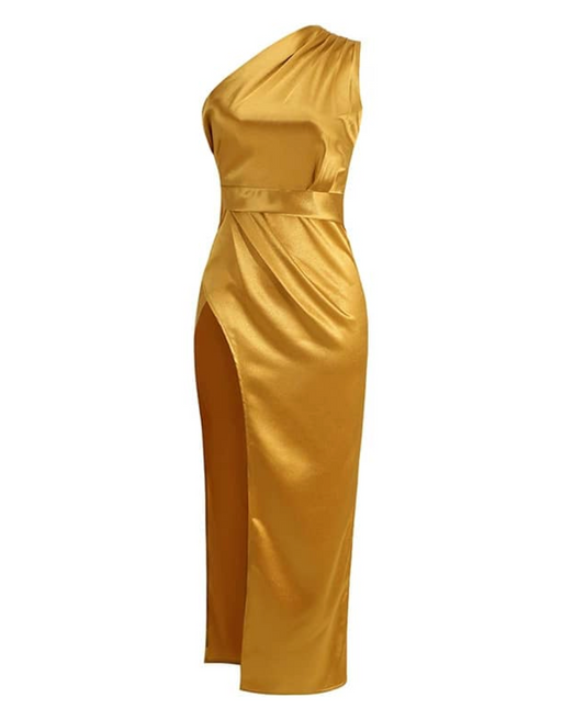 Elegant Gold Silk Maxi Dress with Slit
