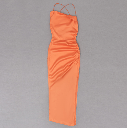 Chic Apricot Silk Halter Maxi Dress