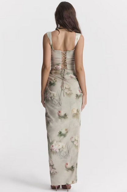 Chic Brown Floral Corset Maxi Dress