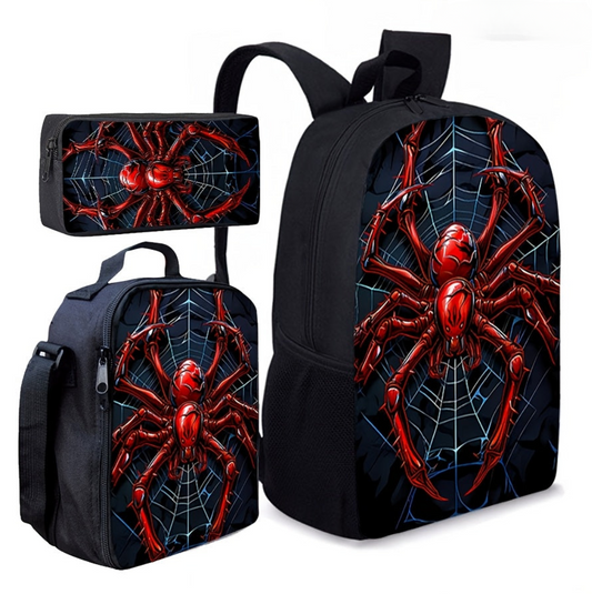 3-Piece Backpack Set with Red Spider Web Design