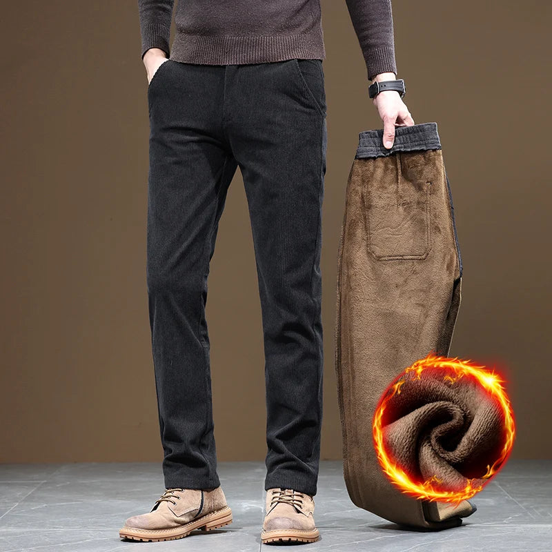 Winter Fleece Lined Slim Fit Corduroy Pants for Men
