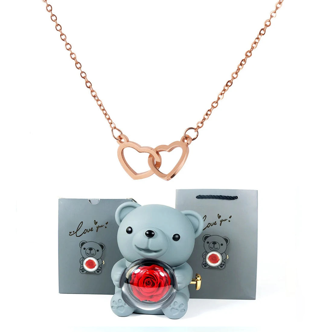 Double Heart Necklace with Bear Gift Box