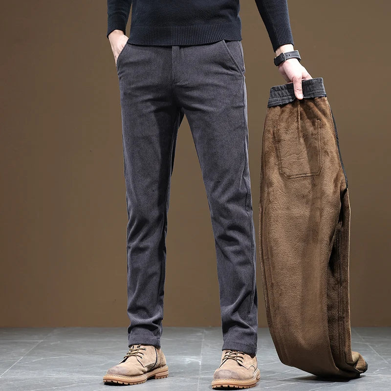 Winter Fleece Lined Slim Fit Corduroy Pants for Men
