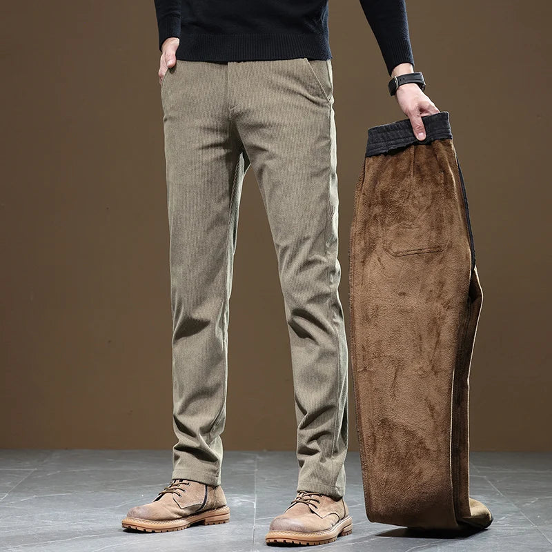 Winter Fleece Lined Slim Fit Corduroy Pants for Men