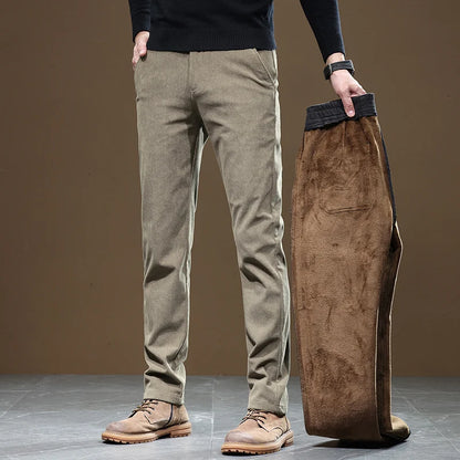 Winter Fleece Lined Slim Fit Corduroy Pants for Men