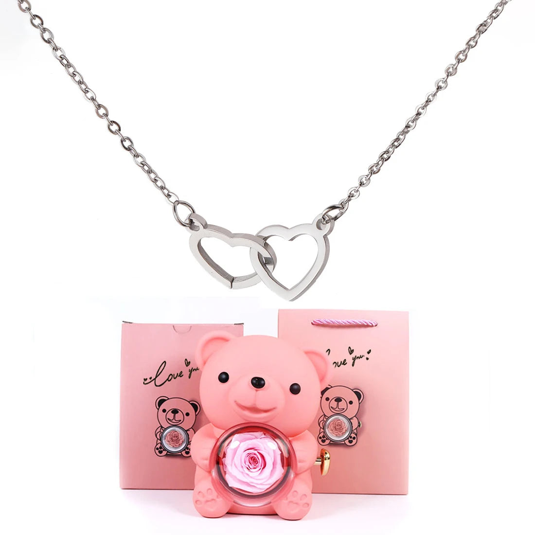 Double Heart Necklace with Bear Gift Box