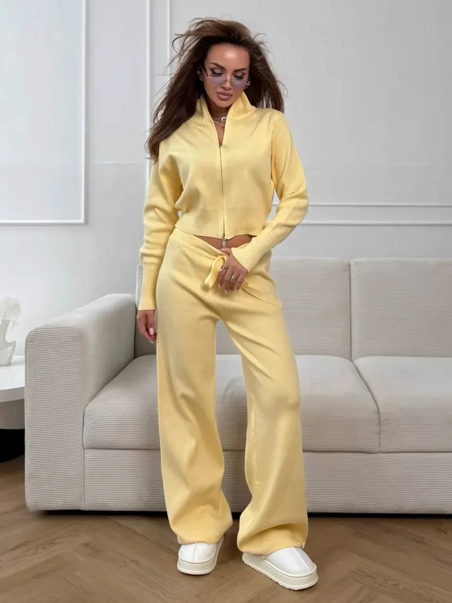 Knit Zip-Up Pants Set for Women, Casual Slim Fit Outfit