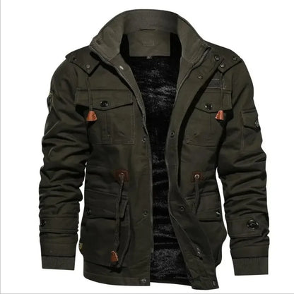 Men's Hooded Military-Style Jacket with Multi-Pocket Design