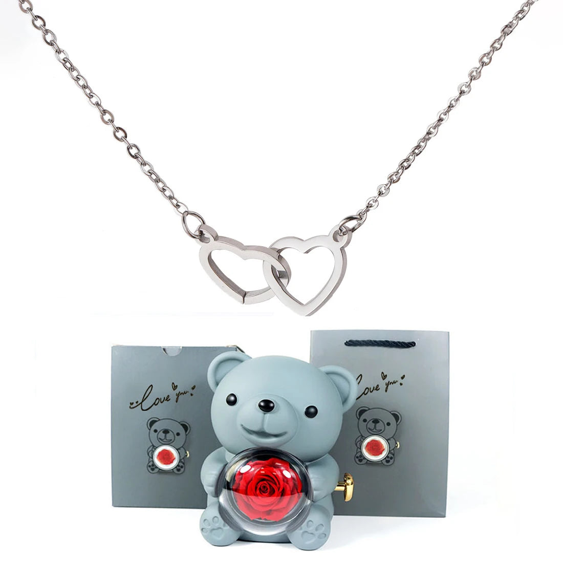 Double Heart Necklace with Bear Gift Box