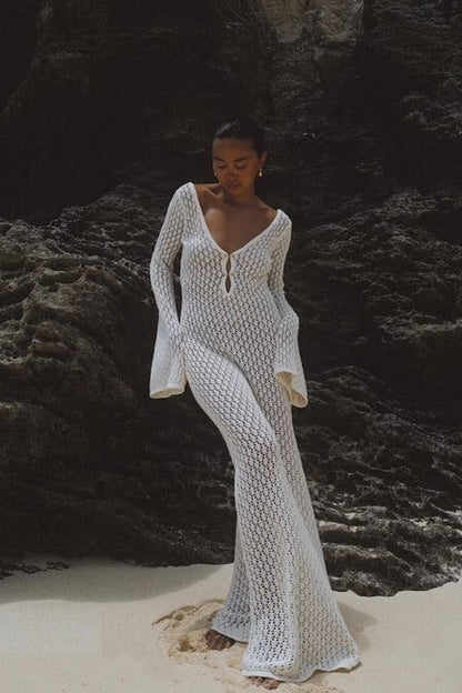 Elegant Crochet Maxi Dress with Flared Sleeves