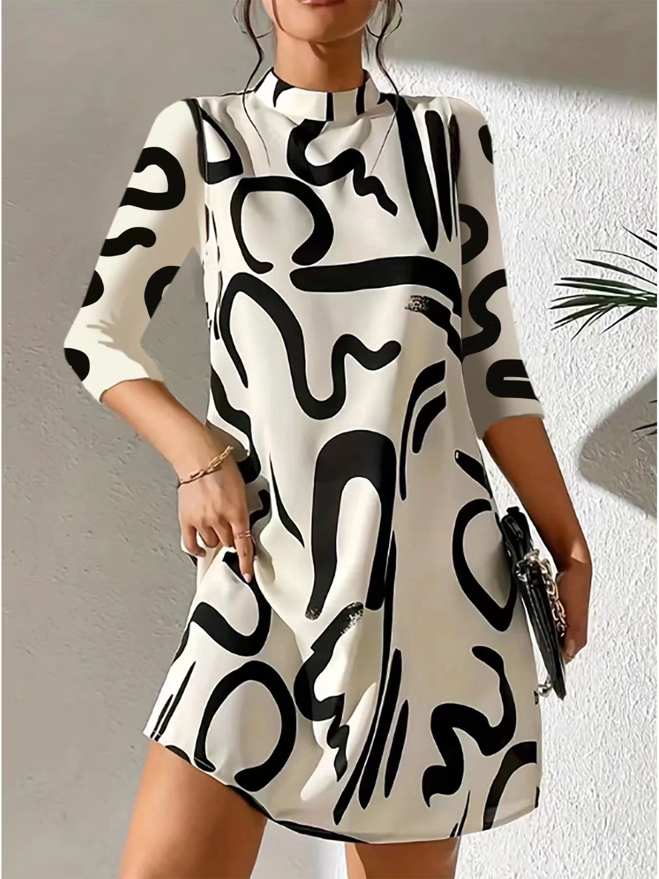 Knee-Length A-Line Dress with Abstract Black and White Print