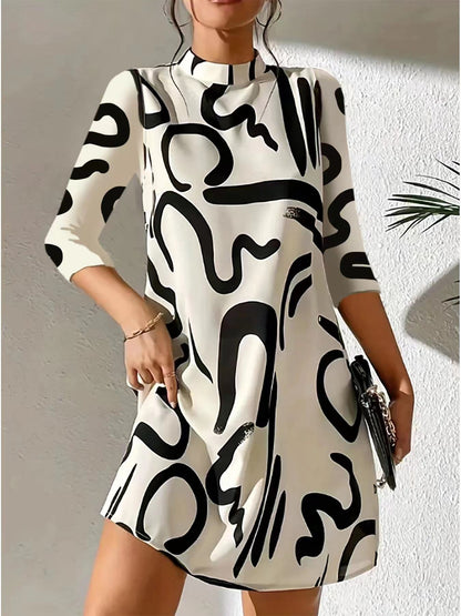 Knee-Length A-Line Dress with Abstract Black and White Print