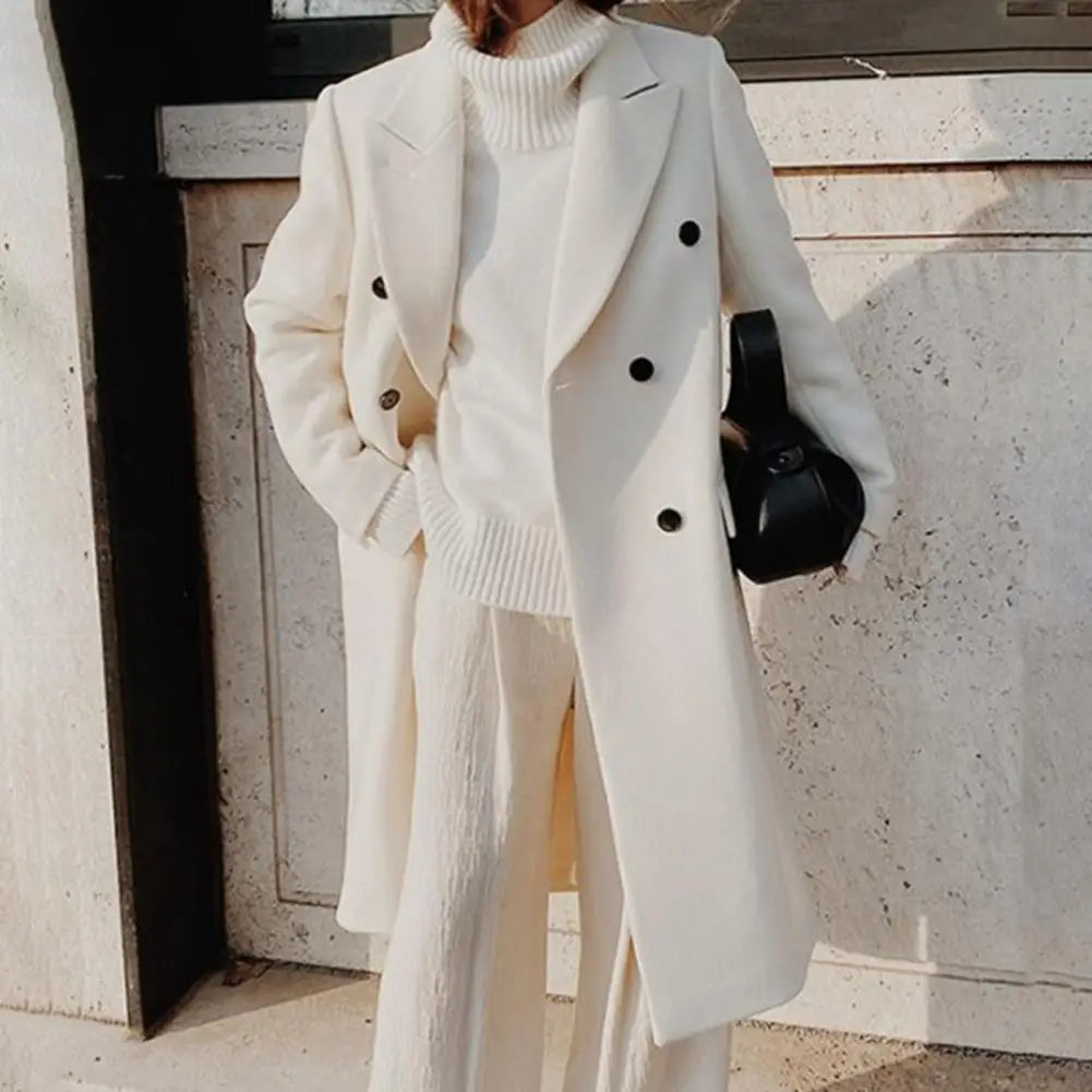 Women's Long Double Breasted Coat with Lapel Collar