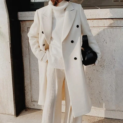 Women's Long Double Breasted Coat with Lapel Collar