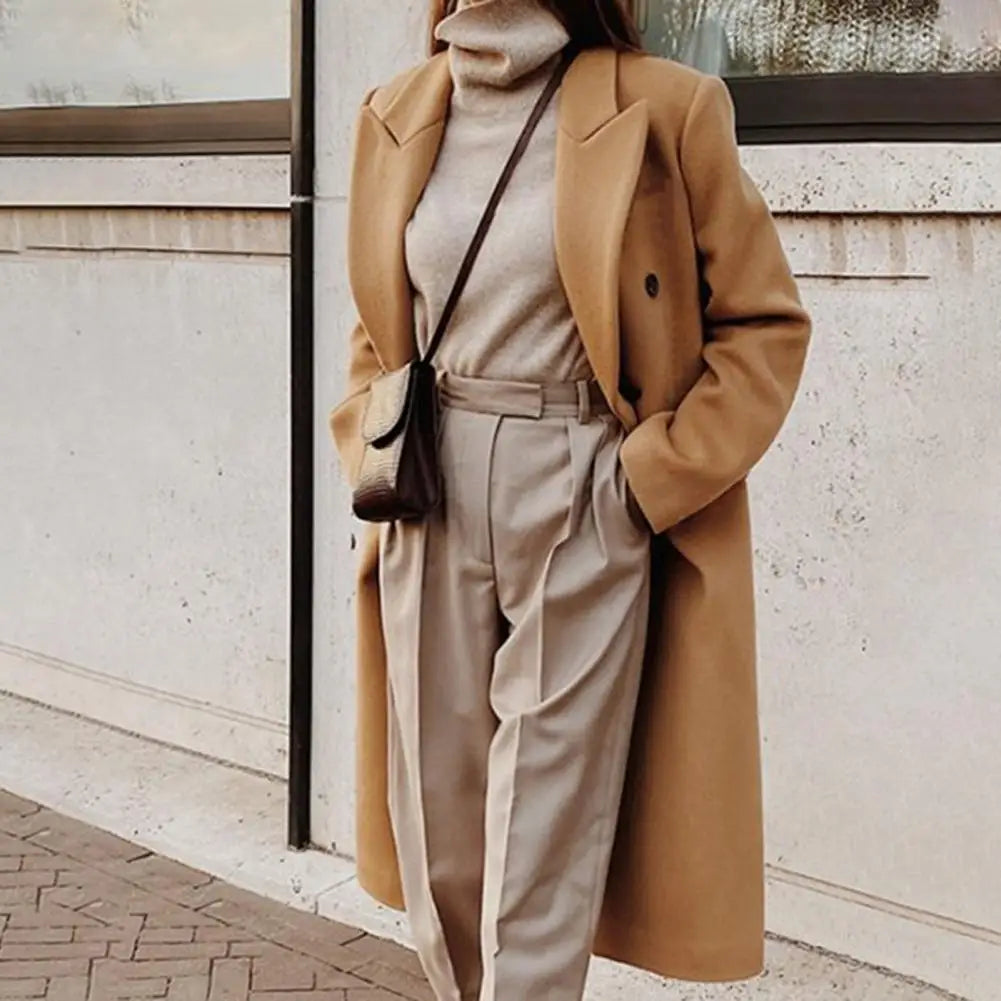 Women's Long Double Breasted Coat with Lapel Collar