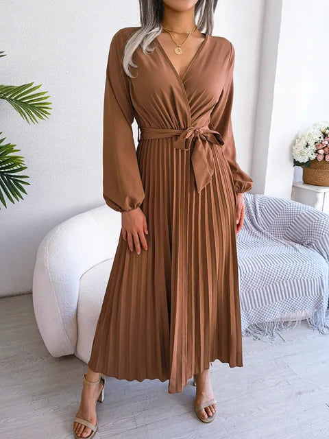 Elegant V-Neck Pleated Maxi Dress