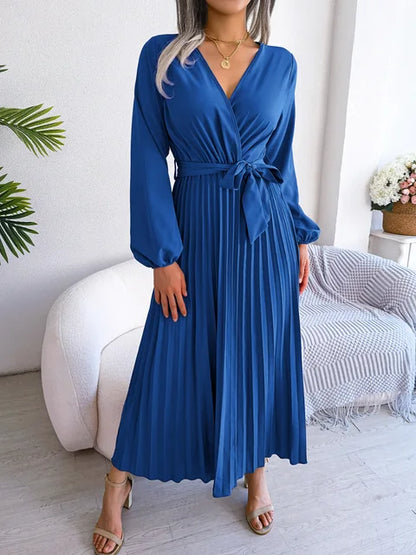Elegant V-Neck Pleated Maxi Dress