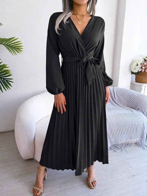 Elegant V-Neck Pleated Maxi Dress