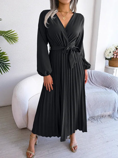 Elegant V-Neck Pleated Maxi Dress