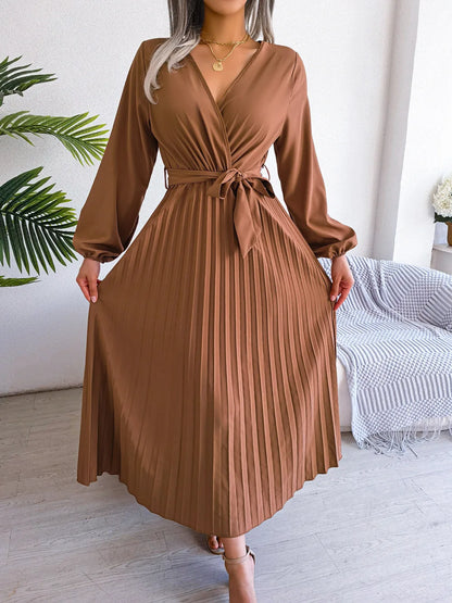 Elegant V-Neck Pleated Maxi Dress