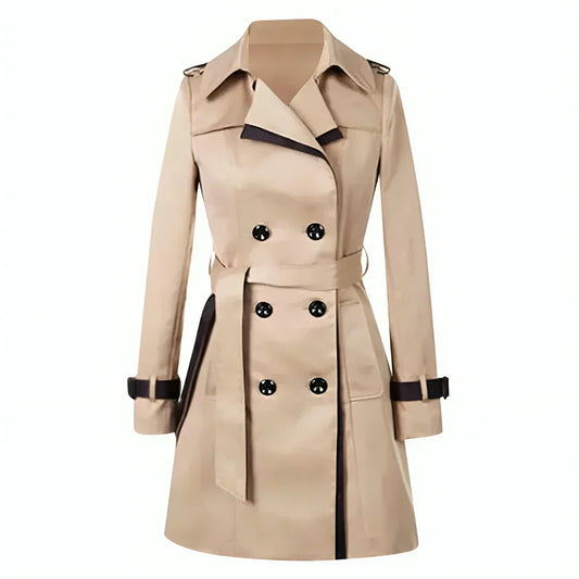 Women's Long Tailored Trench Coat with Contrast Trim and Belt