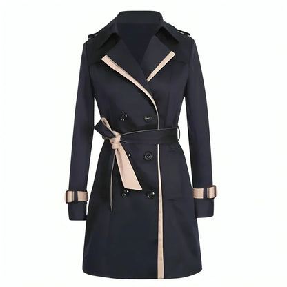 Women's Long Tailored Trench Coat with Contrast Trim and Belt