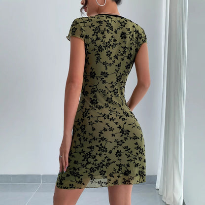 Short Sleeve Green Dress with Floral Print