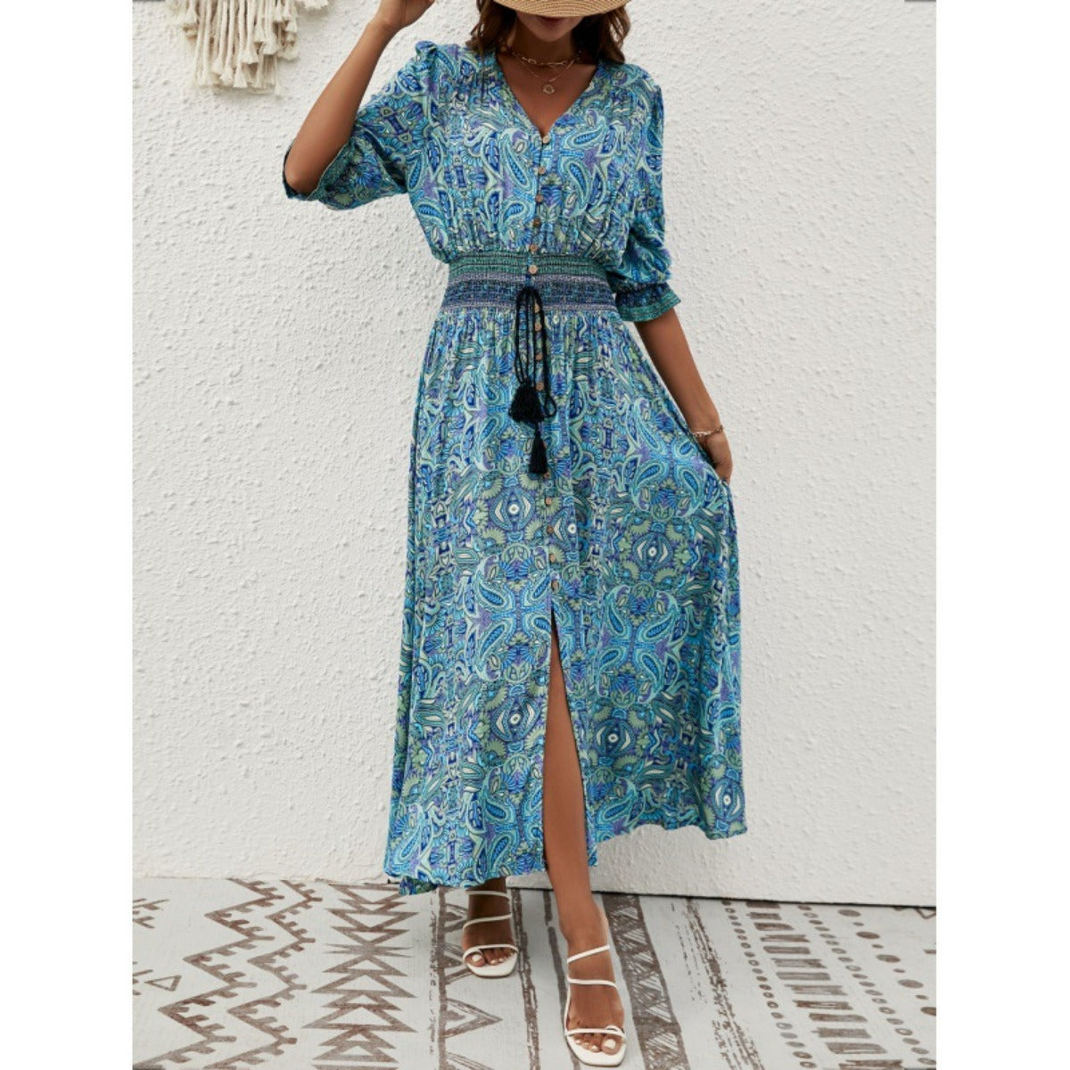 Printed Long Dress with Lantern Sleeves and Waist Tie